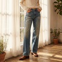 Eisblaue Denim-Jeans mit Lightning Wave Waschung, leicht ausgestelltem Bein, Cat Whisker-Effekt, geradem Schnitt, mittlerer Bundhöhe, lockerer Passform, sexy amerikanischer Casual-Look für den Sommer