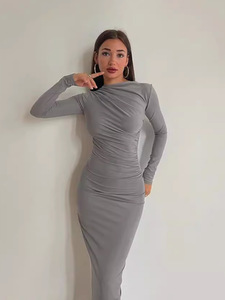 2025 printemps automne femmes élégante longue robe de hanche nouvelle européenne américaine pour <span class=keywords><strong>Amazon</strong></span> transfrontalière mince haut sens couleur unie - Product Image 2