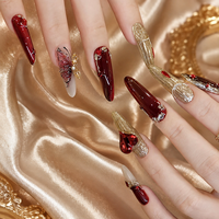Faux Ongles de Luxe Gothiques à Pression Faits Main, Dégradé Noir et Rouge, Effet Œil de Chat, Strass 3D, Croix, Longs Stilettos, Vente en Gros OEM ODM