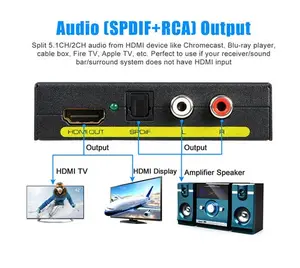 Adaptador conversor óptico hdmi + spdif + rca l/r, extrator de áudio, divisor de 1080p, adaptador de alimentação ac