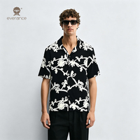 Chemise imprimée pour homme Applique Bloom en coton Tencel noir et blanc, style cubain, pour l'été, la plage et les vacances