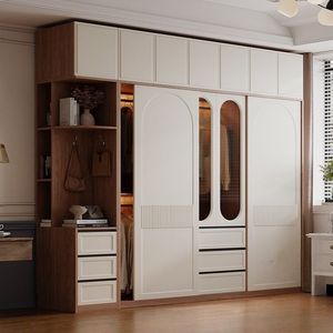 Armoire <span class=keywords><strong>sur</strong></span> <span class=keywords><strong>mesure</strong></span> en mélamine à montage facile, avec contraste de couleurs, pleine hauteur, bordure dorée, vitrine en verre trempé et éclairage LED intégré - Product Image 2