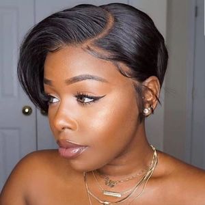 Pixie Ngắn Xoăn <span class=keywords><strong>Bob</strong></span> Tự Nhiên Đen Rõ Ràng Trước Nhổ Với Tóc Bé 360 Ren Phía Trước Tóc Giả Cho Phụ Nữ - Product Image 4