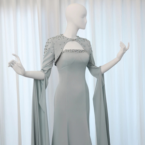 Arabie Saoudite Sauge <span class=keywords><strong>Vert</strong></span> Sirène Robe De Soirée Avec Cape Manches De Luxe Perlé Dubaï Femmes Robes De Soirée De Mariage SZ424 - Product Image 4
