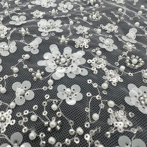 Beau Design Lourd Perlé Dentelle Tulle Maille Brodé Perles Paillettes Tissu Beige Blanc Sequin Tissu pour Robes De Mariée - Product Image 4