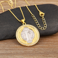 QIKU haute qualité forme ronde Saint Benoît exorcisme Plaque cuivre CZ pendentif collier femmes hommes Style religieux bijoux cadeau