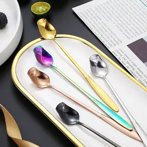 Lang griff Rose Flower Scoop Rühren Kaffee Teelöffel Edelstahl Esslöffel Gold Eis Salat Dessert Löffel