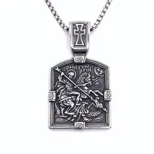 2023 Vintage Large Dragon Slayer St George Pendant For Men l Cross Biker Necklace Holy Warriors Amulet Steel Pendant Necklaces
