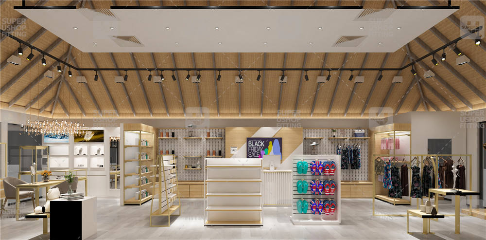 Customized Gold Clothing Store Display Rack Souvenirs Boutique Shop  Furniture Decorations Gift Shop Interior Design for Retail