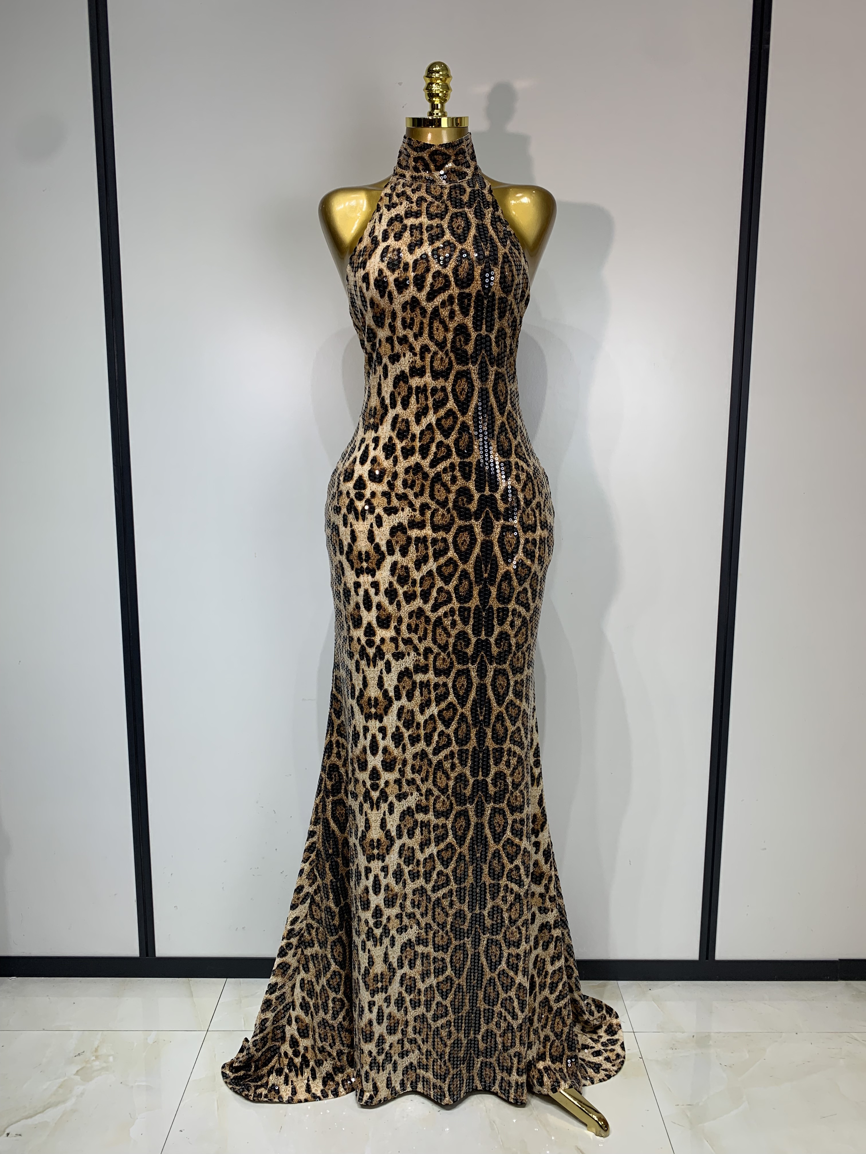 slim fit dress slacks Jessica Bara Cristina Leopard Sequin Halter Backless Maxi Dress with G –  JESSICA BARA