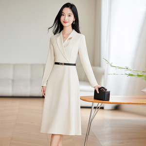 Suit Dress 2024 Autumn Women Elegant Slim Fit Mid Length V Neck Sheath Formal Occasion Solid Color Polyester Dress - Product Image 1