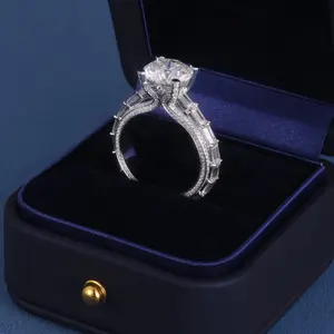 Custom S925 Silver 9k 10k 14k 18k Solid Filled Gold 5ct Round cut VVS D Moissanite Lab Diamond Baguette Wedding Engagement Ring