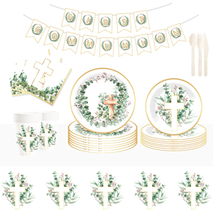 Juego de Vajilla Desechable DAMAI con Diseño de Hojas y Cruz para Comunión, Servilletas para Bautizo de Bebé, Decoraciones para Fiestas con Flores de Bautizo - Product Image 1