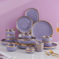 Vente en gros de bols en céramique nordiques de couleur violette avec bordure dorée, assiettes en porcelaine, vaisselle de luxe, ensemble de vaisselle en céramique