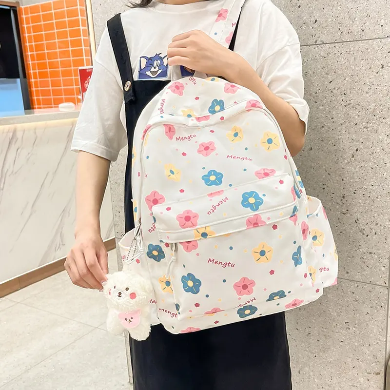 Korean Fashion Cute Cartoon Flower Printing Large Capacity Teen Women Zipper Student School Backpack Bag with Plush Bear Pendant