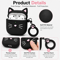 Casing Earbud PVC Lembut Motif Kucing Hitam Kawaii dengan Gantungan Cakar