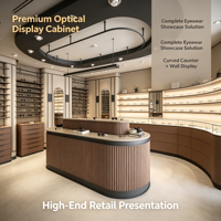 Ensemble complet d'ameublement haut de gamme pour opticien : comptoir d'exposition incurvé pour lunettes, vitrine murale LED pour lunettes, présentoir optique personnalisé