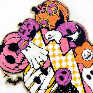 Patchs brodés en chenille à sequins personnalisés pour la saison halloweenienne, motif fantôme et citrouille, thermocollants pour vêtements d'Halloween, vente en gros - Product Image 4
