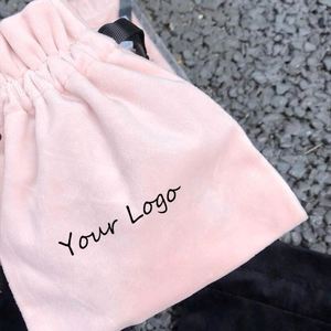 Personalised Velvet <b>Drawstring</b> Storage Bag Pink Color Velvet Gift Packaging <b>Pouch</b> With Black Ribbon - Product Image 1