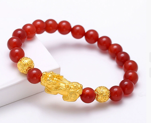 Reale 24K Bracciale In Oro Giallo <span class=keywords><strong>Donna</strong></span> 3D <span class=keywords><strong>Fortuna</strong></span> Benedica Pixiu di Fascino con Red Agata Borda il Braccialetto Regolabile - Product Image 6