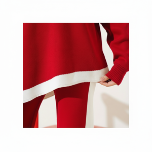 ชุดถักลายทางแบบไม่สมมาตรของผู้หญิง2ชิ้นสีแดง - Product Image 1