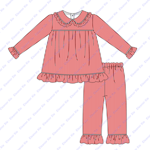 Red Stripe Cotton Knitting Monogram Kids Girls Pajamas Sets <strong>Xmas</strong> Christmas Family <strong>Matching</strong> Ruffled Toddler Girl <strong>Pyjama</strong> Wholesale - Product Image 2