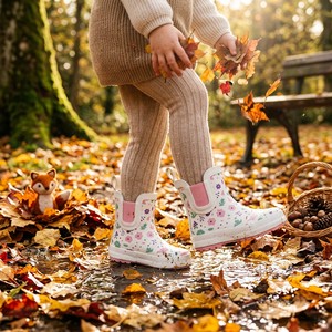 Stivali da Pioggia Chelsea in <span class=keywords><strong>Gomma</strong></span> per Bambine, Produzione OEM ODM, Bianchi con Stampa Floreale e Uccelli, Impermeabili, Slip-on, <span class=keywords><strong>Stivaletti</strong></span> Corti per Bambini - Product Image 3