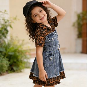 Nuovo <span class=keywords><strong>Vestito</strong></span> di Jeans alla Moda per Ragazze con Patchwork, Maniche Corte con Volant e Stampa Leopardata, Abito Casual in Denim - Product Image 1