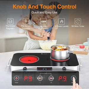 VBGK Placa de Inducción Doble Integrada de Acero Inoxidable de 12 Pulgadas, 2200W, Control Táctil con Perillas, 9 Ajustes, Temporizador, Bloqueo, Protección Contra Sobrecalentamiento - Product Image 2