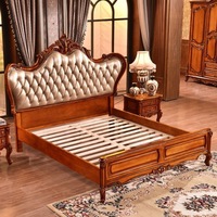 Lit double en bois massif sculpté de style européen et américain traditionnel, avec revêtement en cuir véritable, pour chambre à coucher, ensemble de meubles de mariage
