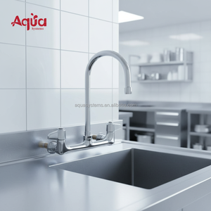 Robinet de cuisine industriel à double poignée en laiton chromé, à montage sur plan, avec bec pivotant - Product Image 3