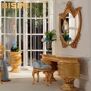 Luxe Style Français Palais Royal Villa Chambre Placage Marqueterie Coiffeuse Ensemble Fabriqué À La Main <span class=keywords><strong>Bleu</strong></span> Tissu <span class=keywords><strong>Commode</strong></span> Chaise Tabouret - Product Image 4