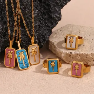 Colorful Enamel Coco Tarot Necklace Gold Plated Jewelry Set Stainless Steel Necklace Rings Set For Women