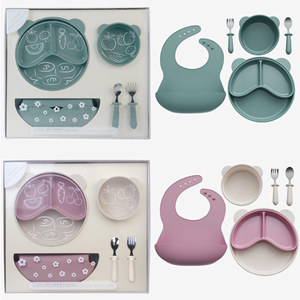 Vajilla para niños, juego de alimentación de silicona de 6 piezas, plato divisor, cuenco, babero, tenedor, cuchara para bebés de 0 a 12 meses - Product Image 4