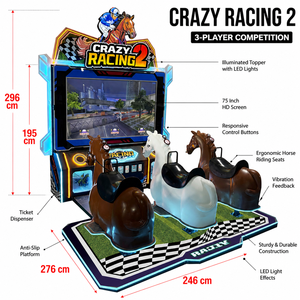 Simulatore di Corse di Cavalli per 3 Giocatori Lotto, Bestseller |   Gioco Arcade Crazy Racing 2 da 75 Pollici con Inserimento Monete e Presa Universale - Product Image 3