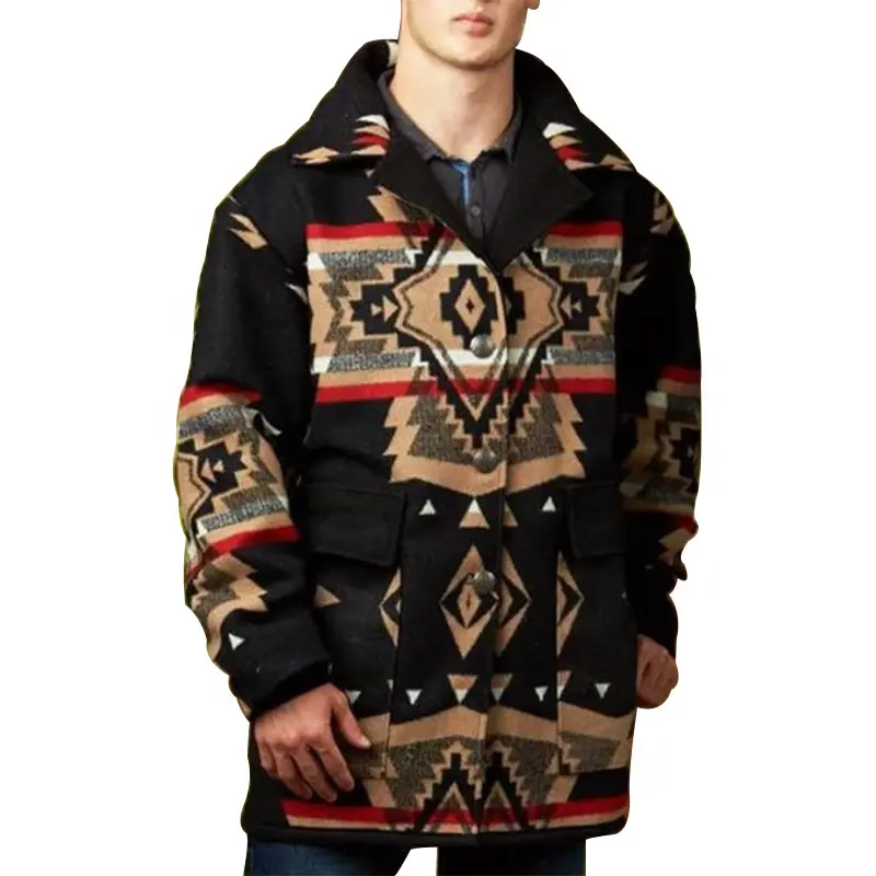 Aztec Style Winter Fashion Oversized Plus Size Men's Geometric Coats Single Breasted Label Retro Ethnic Overcoat With Pocket