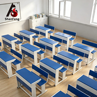 Ensemble pupitre et banc scolaire 2 places avec rangement pour livres, MDF 16 mm, bordure PVC, bleu, mobilier de classe pour l'Inde