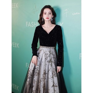 Women's Black Evening Gown V-Neck Long Sleeve Floral Print Tulle Skirt Formal Dress For Banquet And Coming Of Age Ceremony - Product Image 3