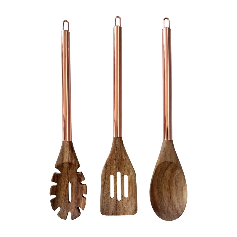 Acacia utensili in legno per la cottura Non bastone cucchiai di legno con manico in metallo per la cucina Set regalo