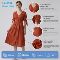 Robe midi élégante en coton texturé à col en V, personnalisée OEM, avec manches bouffantes et boutons en bois, pour femmes, idéale pour le bureau ou les occasions décontractées