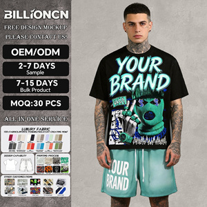 Shorts personnalisés avec logo OEM, ensemble t-shirt et short pour hommes, impression DTG, streetwear hip hop, 100% coton, ensembles de t-shirts vintage pour hommes - Product Image 1