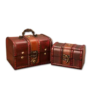 Caixa de armazenamento de peito de tesouros, caixa vintage de madeira embalagem de joias madeira trinquete