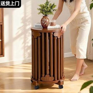 Solid <b>Wood</b> Stackable Round <b>Stool</b> With Wheels Chinese Style Multi Functional Living Room Side Table - Product Image 1