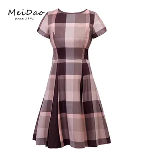 Latest Modern Formal Casual New Plaid Short Sleeve Wear wool dress For Ladies