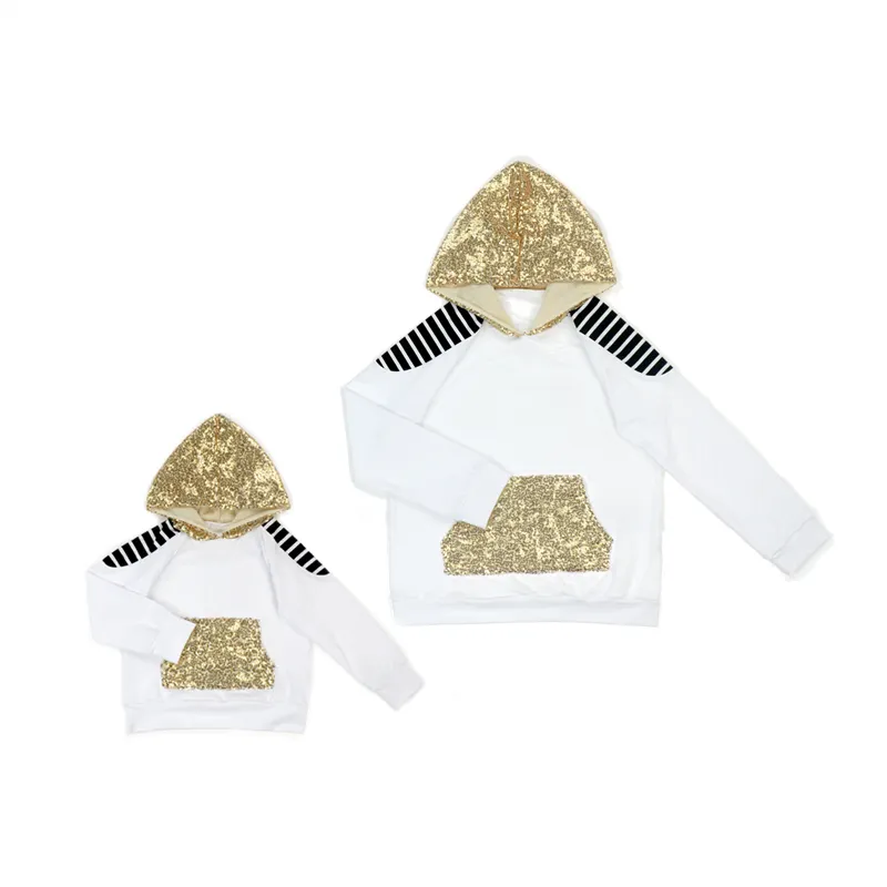 Fuyu Hot Sale Mom e Me Hooded Sweater Com Ouro Lantejoula Bolso Moda Combinando Roupas