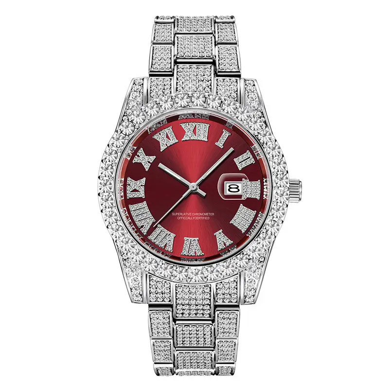 2021 Hot Sell Good Quality Stainless Steel Red Color Mens Iced Out Watch For Men And Women