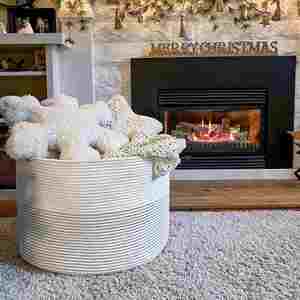 Extra <b>Large</b> Blanket <b>Basket</b> Woven Decorative Cotton Rope <b>Basket</b> with Handles for Laundry Living Room Baby Toys Nursery - Product Image 2