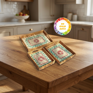 Plateau en rotin tressé carré artisanal avec incrustations de perles décoratives pour un rangement multifonctionnel écologique et une présentation artisanale - Product Image 3