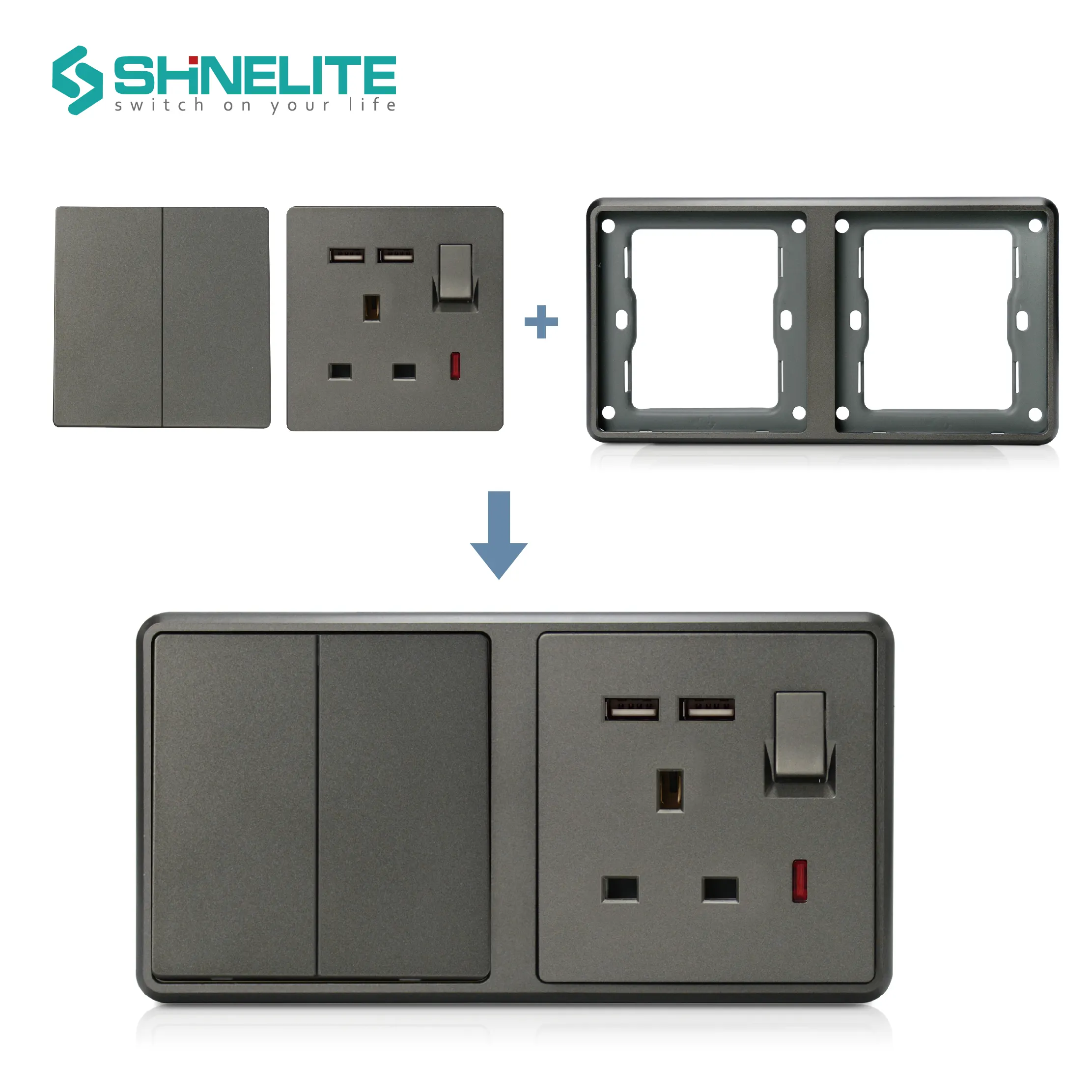 SHINELITE 2024 neues Design hochwertige 15-jahre-Garantie modularer Schalter Steckdose 10 A 16 A Wandlicht-Schalter elektrischer Schalter