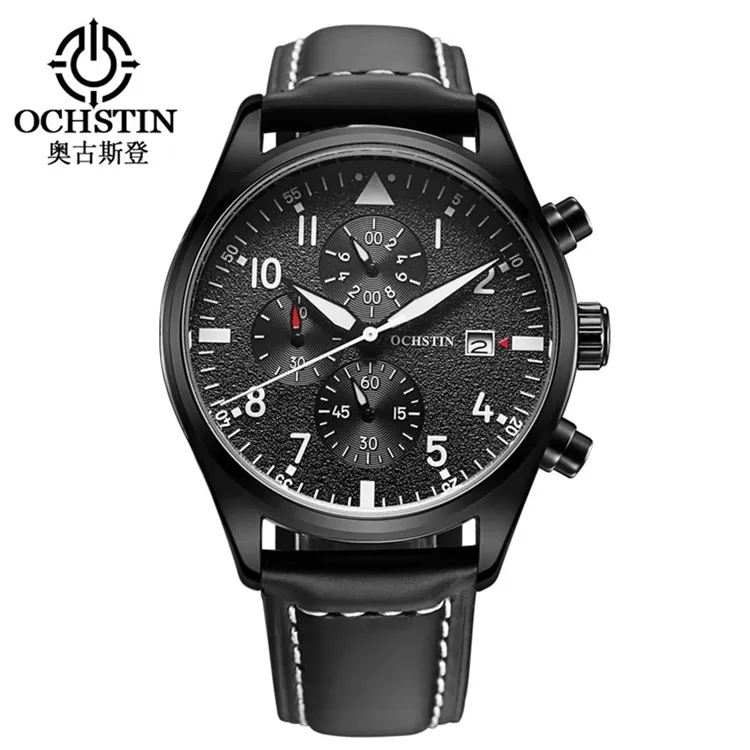 OCHSTIN Pilot Mens Chronograph Wrist Watch Waterproof Auto Date Black Top Luxury Brand Leather Males Quartz Clock Frosted Dial